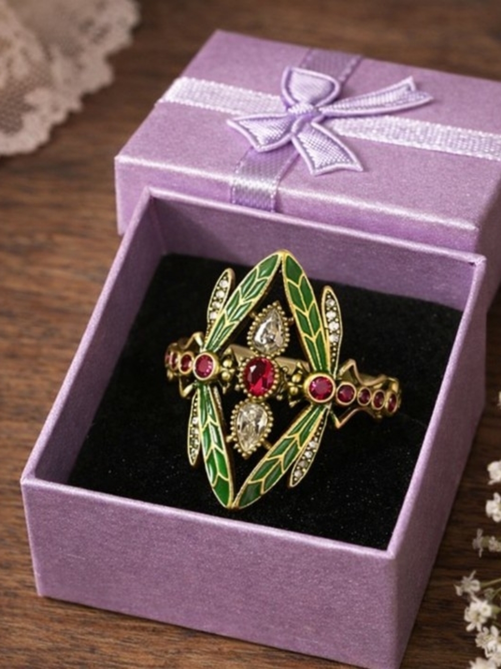 Gold Dragonfly Ring Turquoise Enamel Cz Stones Sz 7.5